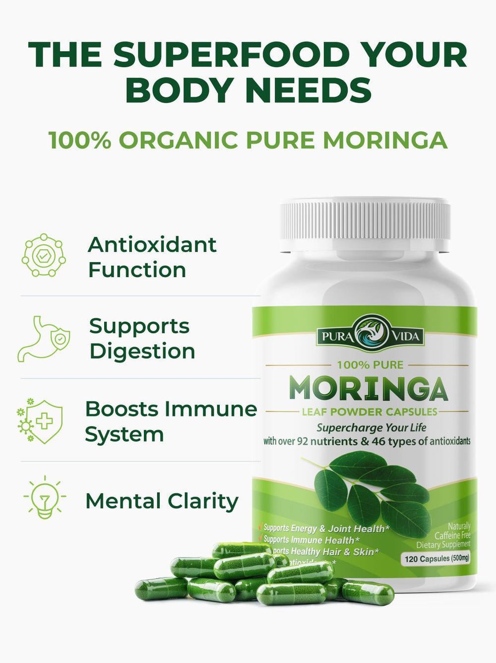 Moringa Leaf Powder Capsules Mini Mii 500mg (120 Capsules)